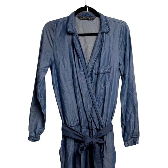 ZARA One Piece Long Sleeve Wide Leg Pants Jumpsuit Chambray Blue S - Picture 4 of 9